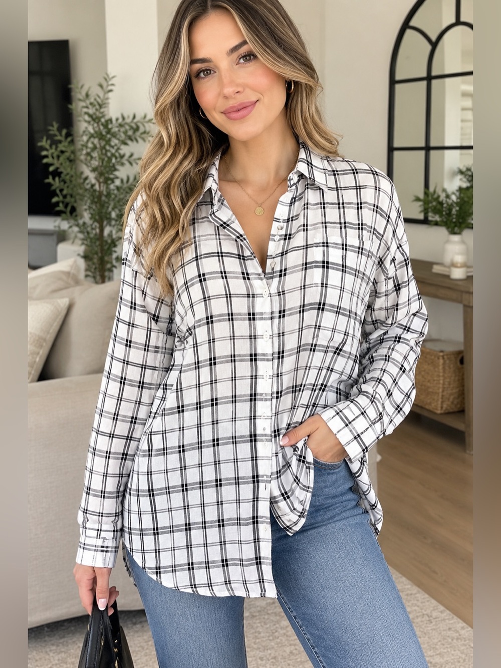 LOFT White and Black Plaid Button-Down Shirt